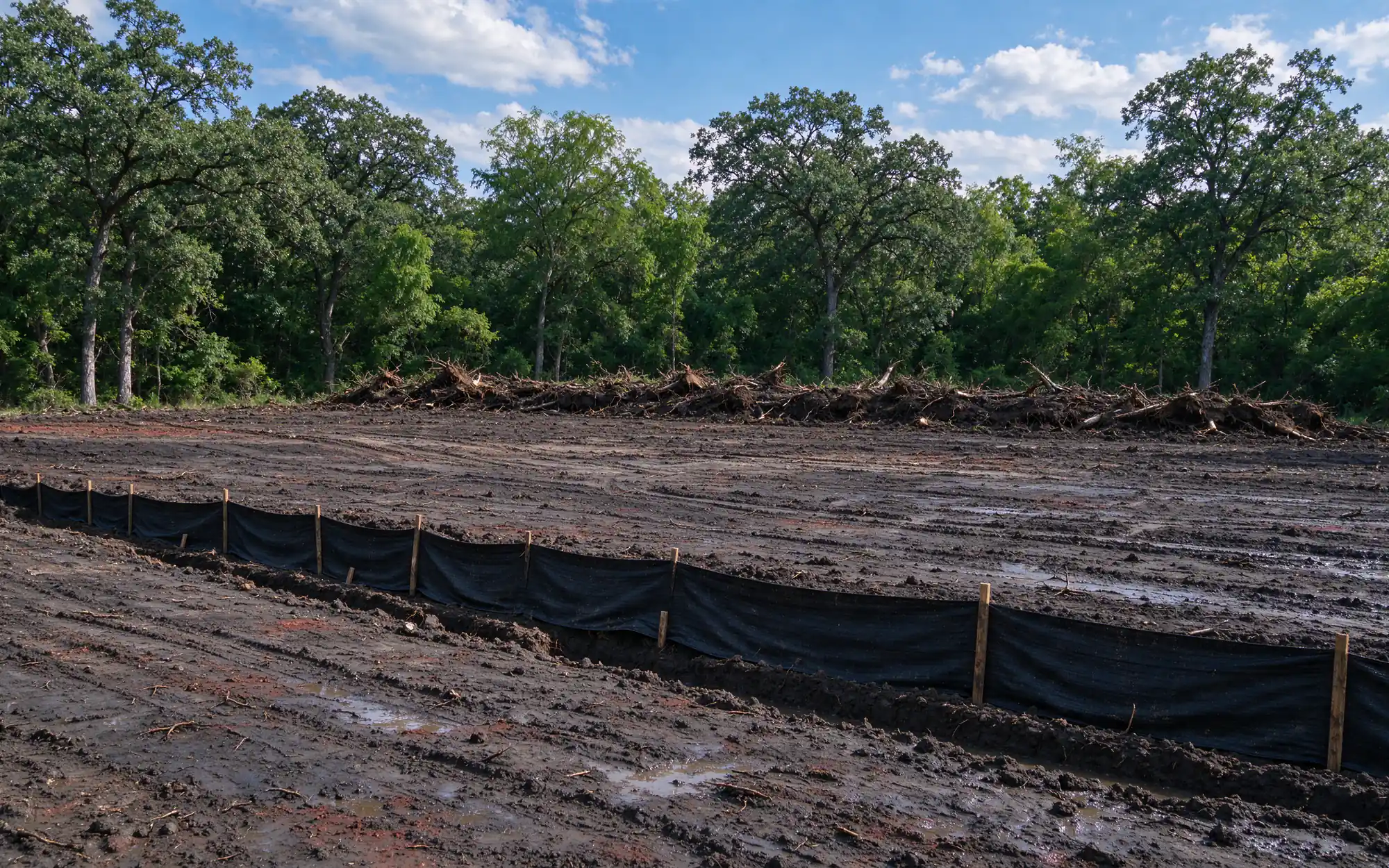Commercial site in North Texas after clearing and grubbing, with dark clay exposed, windrows of pulled roots and stumps at the edge, and silt fence running along the low side
