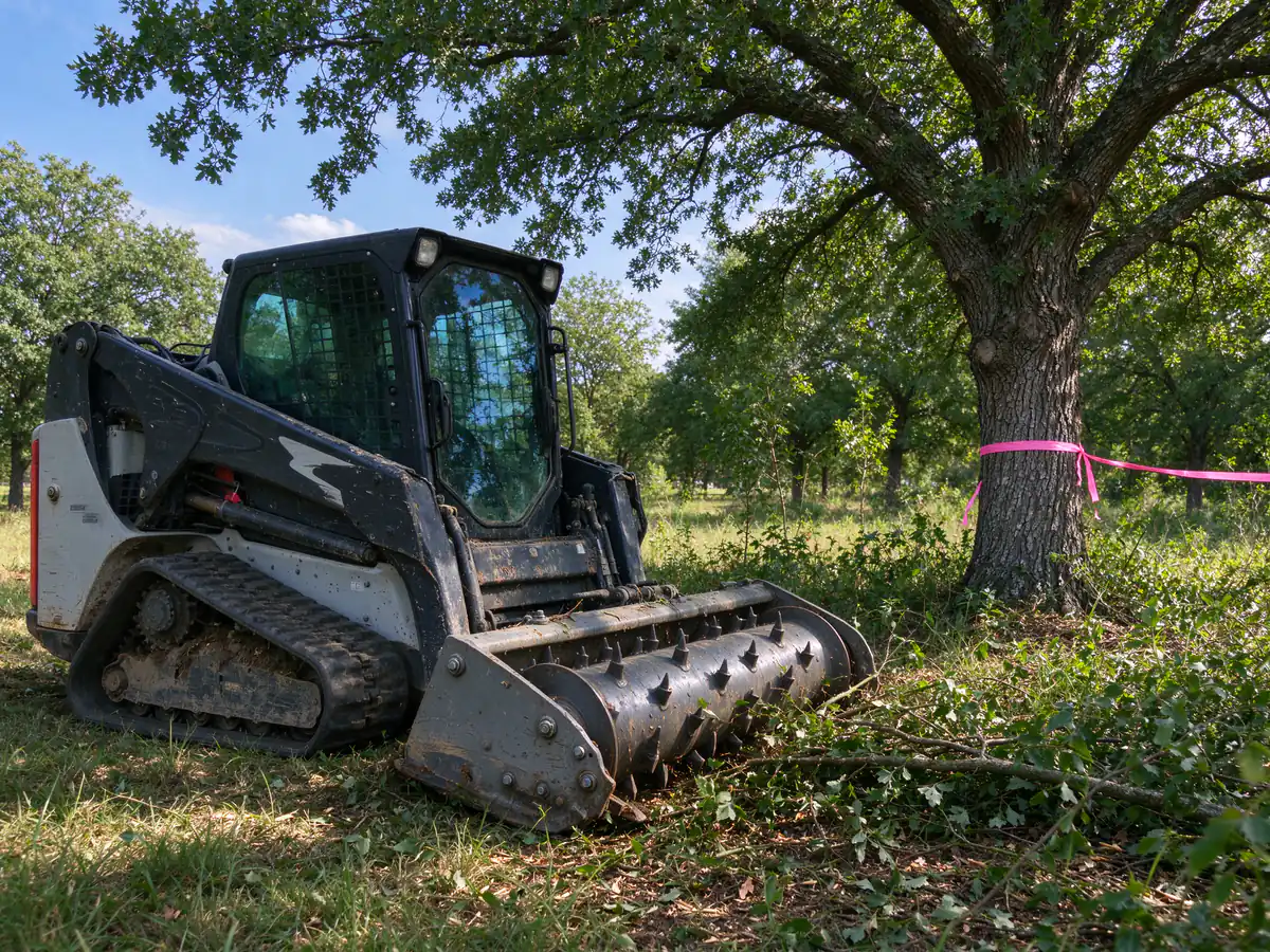 Compact mulcher working the open area between keeper trees, outside the fenced root zones