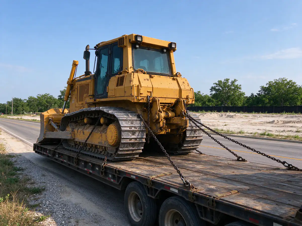 Compact track loader backing off an equipment trailer onto a gravel site entrance