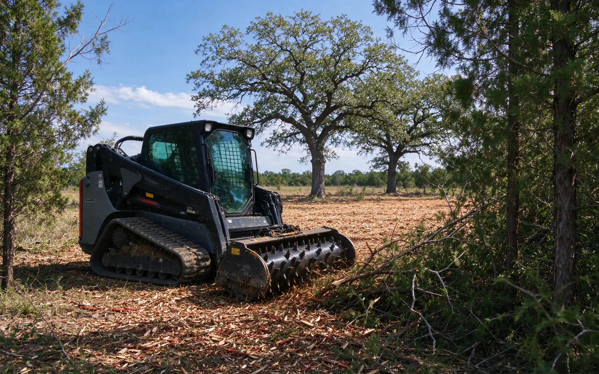 Compact track loader with a drum forestry mulcher clearing eastern red cedar brush on a North Texas lot, with post oaks kept standing behind a strip of fresh mulch