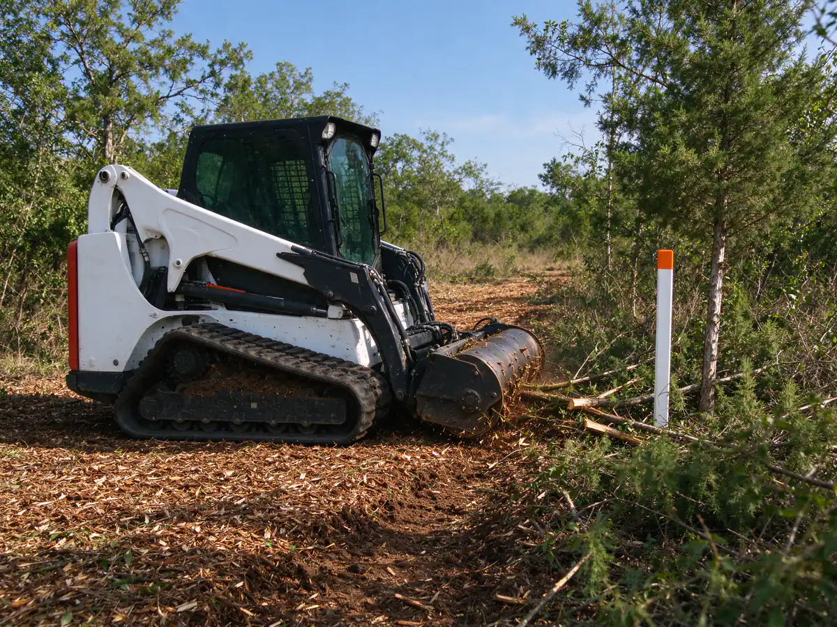 Drum mulcher widening a pipeline easement well away from any overhead lines