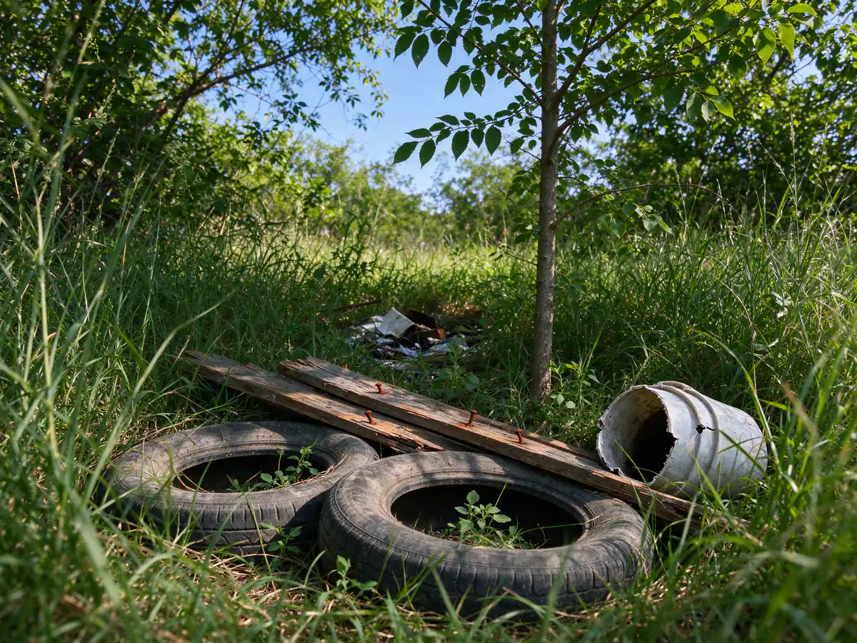 Dumped tires and lumber found in the tall grass during the walk-through