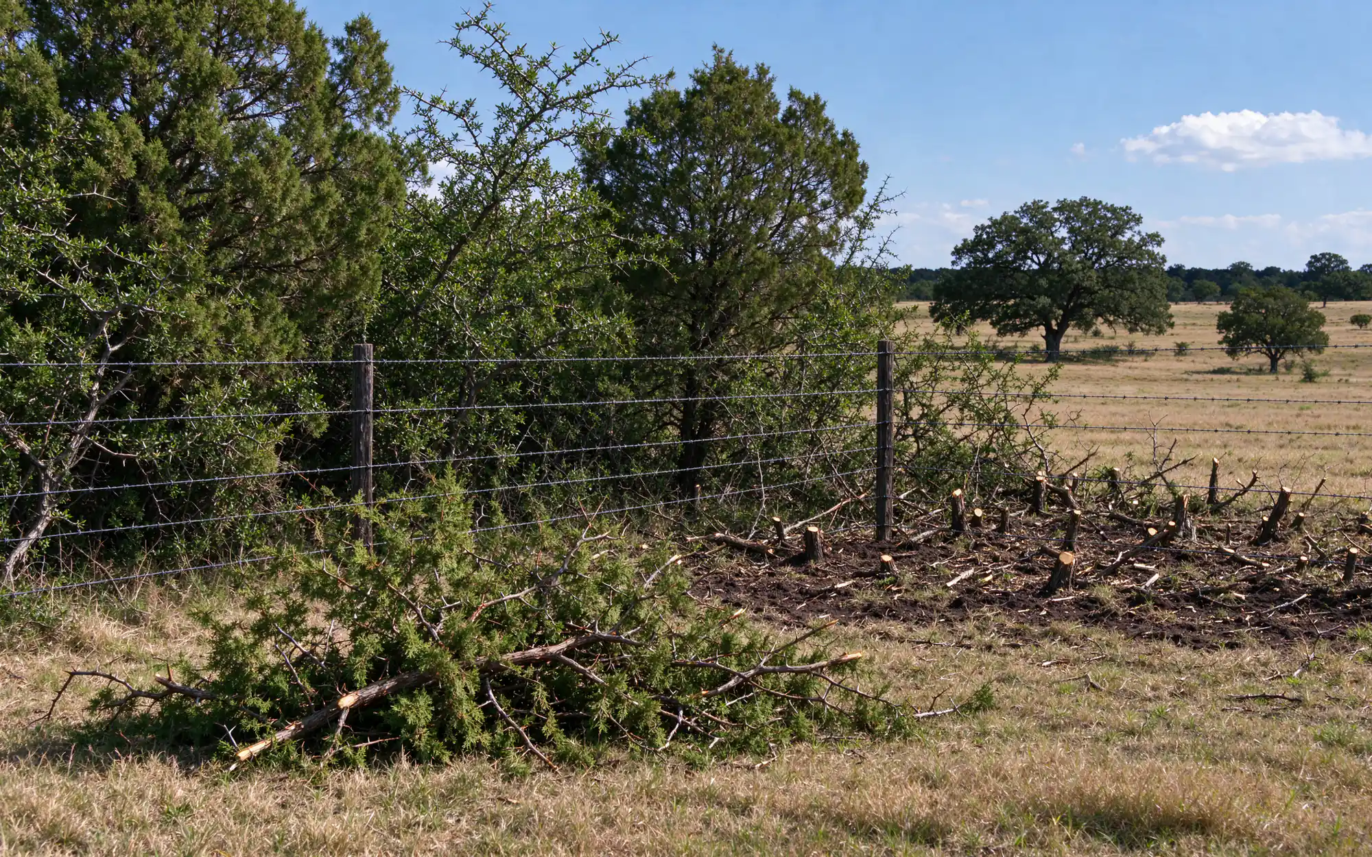 Fence row on North Texas acreage half cleared of cedar and mesquite brush, with low cut stems along a barbed wire fence and a pile of cleared brush beside open pasture