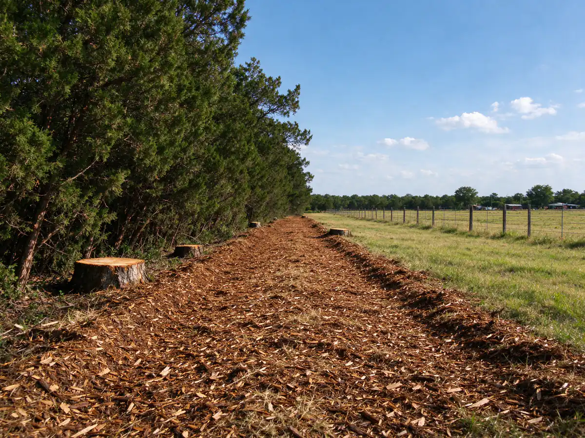 Fire break mulched along the back of a rural property