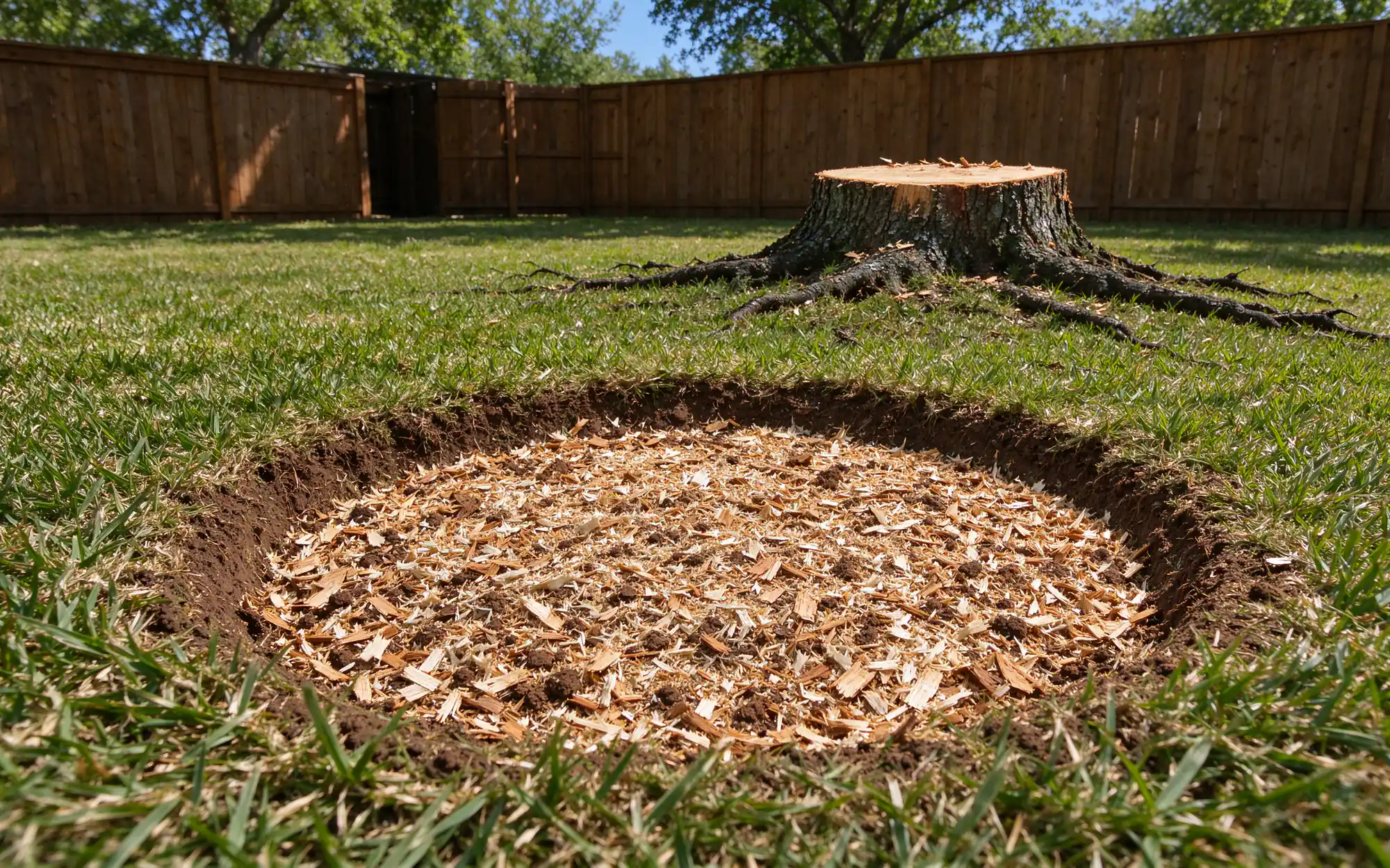 Freshly ground oak stump hole in a North Texas yard, filled with wood chips and dark clay, with a second uncut stump and surface roots visible a few feet away
