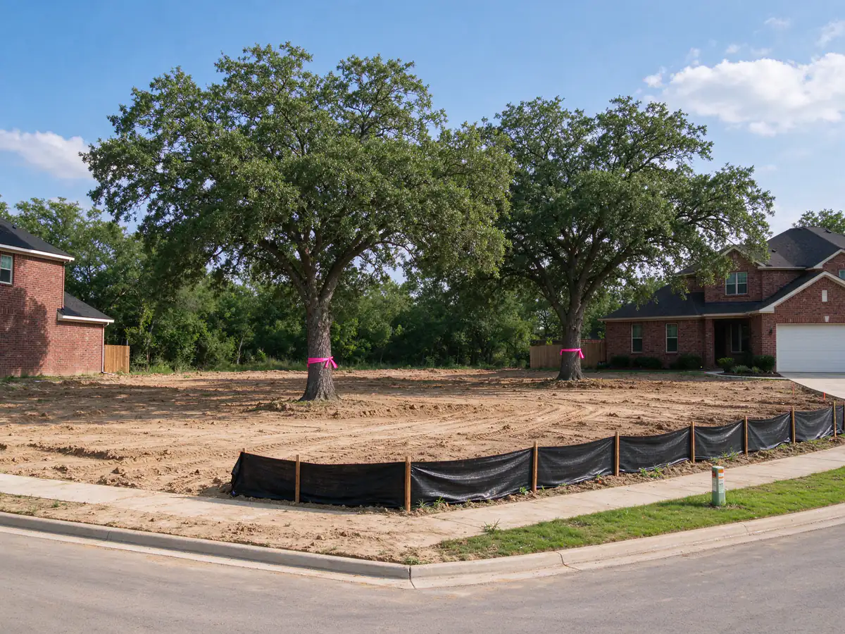 Graded clay lot cleared to the builder's finish line