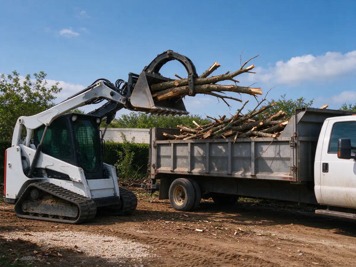 Grapple bucket loading cleared trees into a high-sided dump trailer
