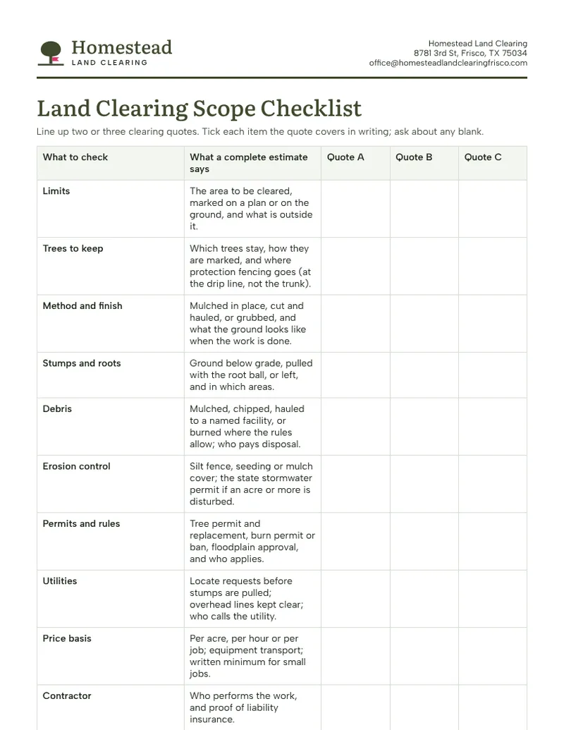 First page of the land clearing scope checklist