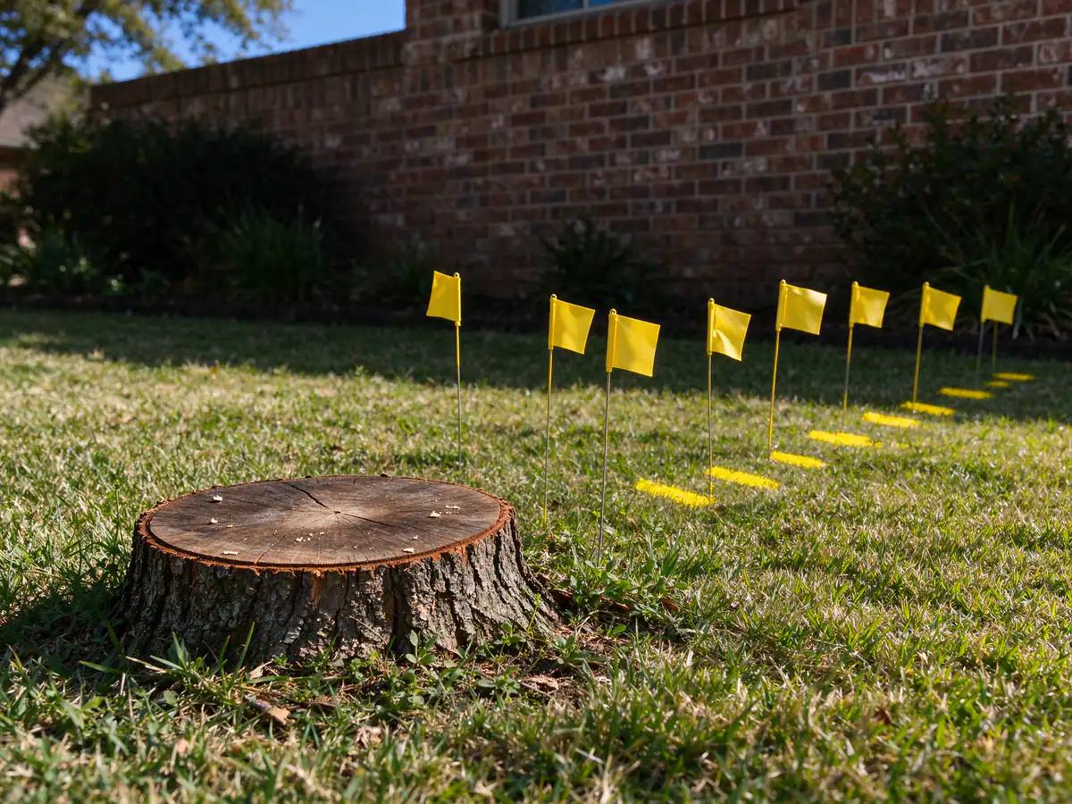 Locate flags marking a buried line near a stump before grinding