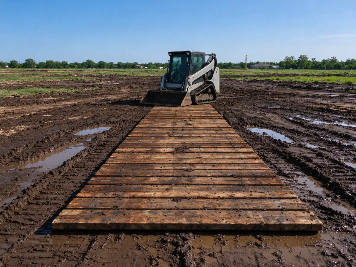 Low wet spot on a grubbed site crossed on timber mats instead of rutting the clay