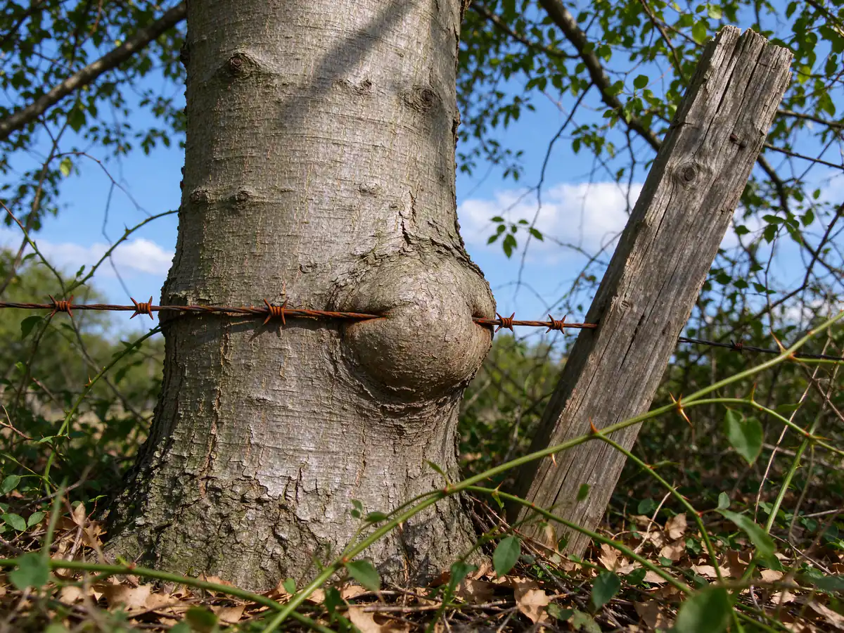 Old barbed wire found embedded in a hackberry trunk along a fence row
