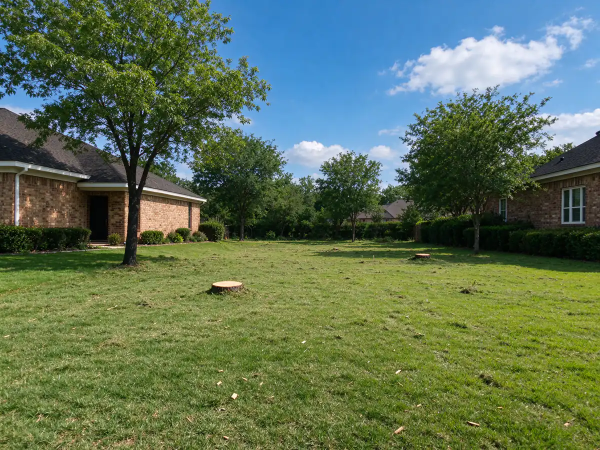 Overgrown lot mowed and cleared down to short grass