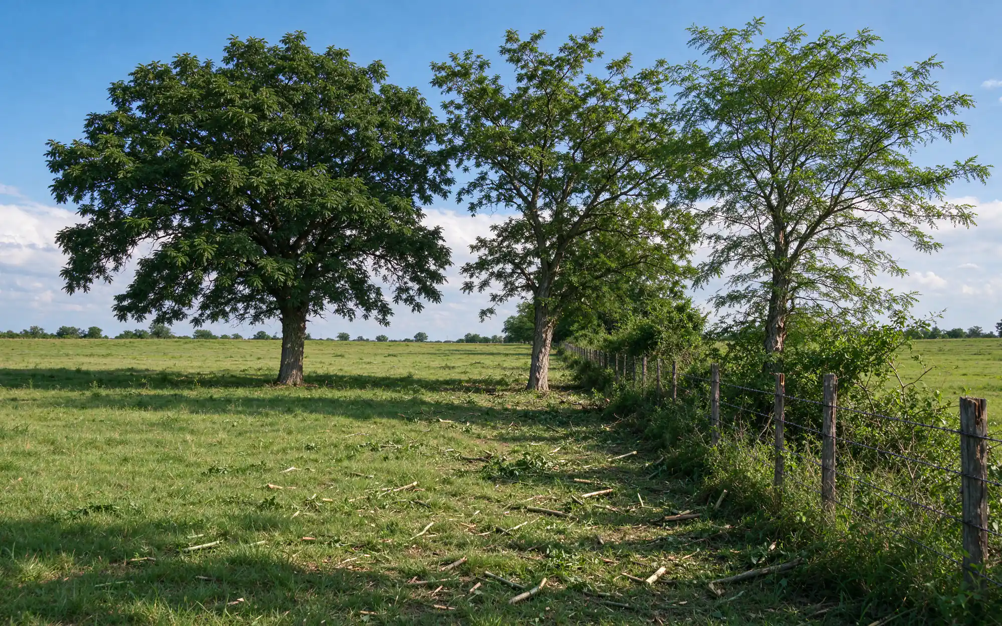 Representative photo of a fence line partly cleared of brush with a few large trees left standing beside an open pasture in Collin County