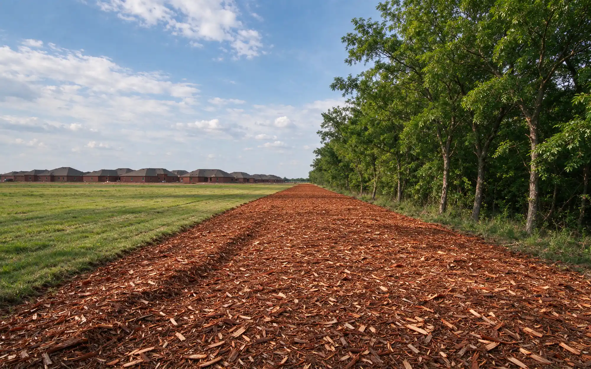 Representative photo of a mulched brush line beside a cleared pasture on flat Blackland Prairie ground in North Texas