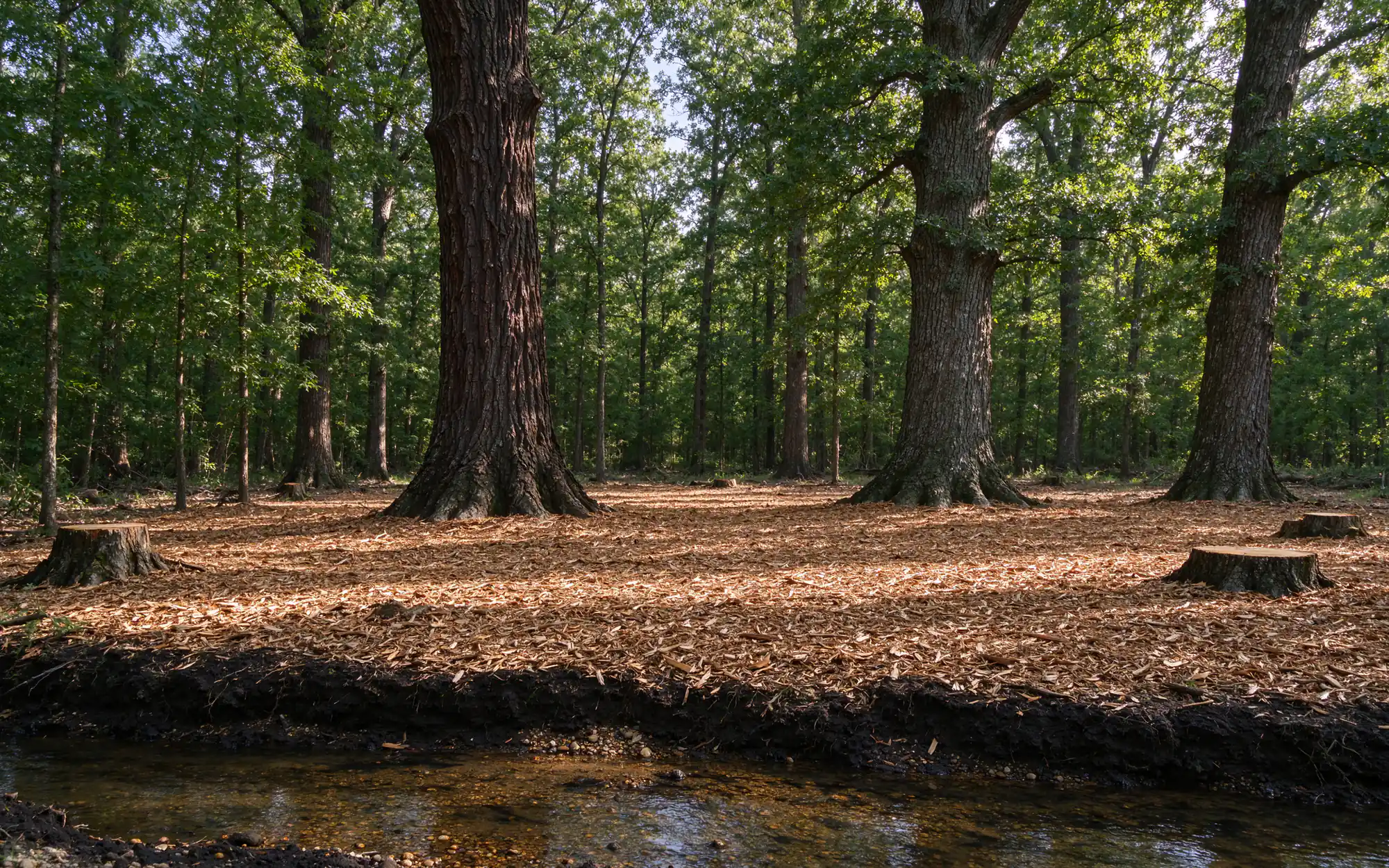 Representative photo of a mulched creek-bottom understory with large hardwoods left standing on dark clay in North Texas