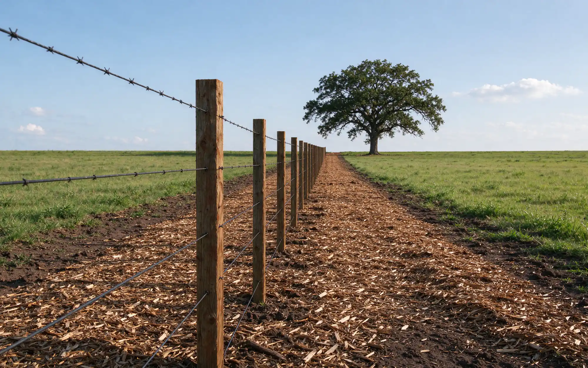 Representative photo of a mulched fence line between two open pastures on flat Blackland Prairie ground in rural North Texas