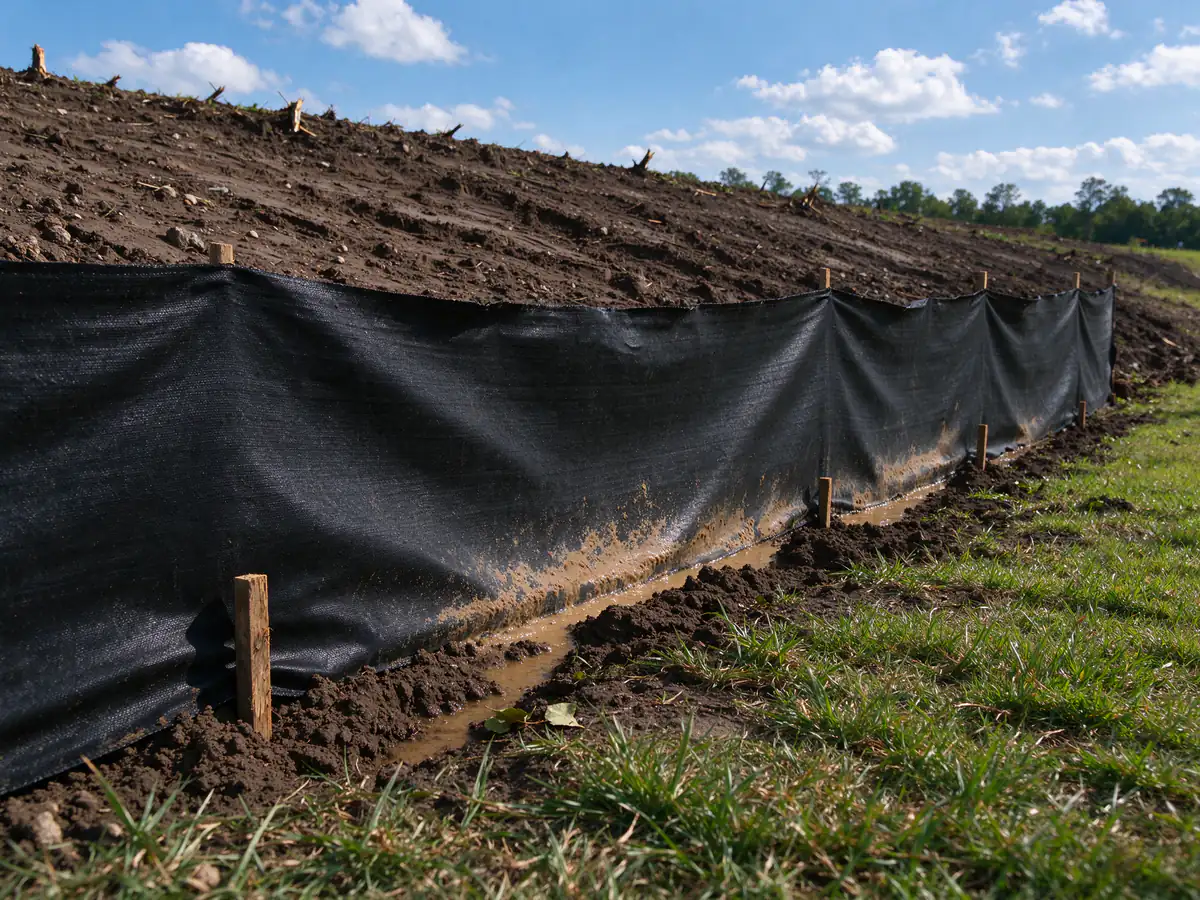 Silt fence trenched in and staked on the downhill side of a freshly grubbed slope