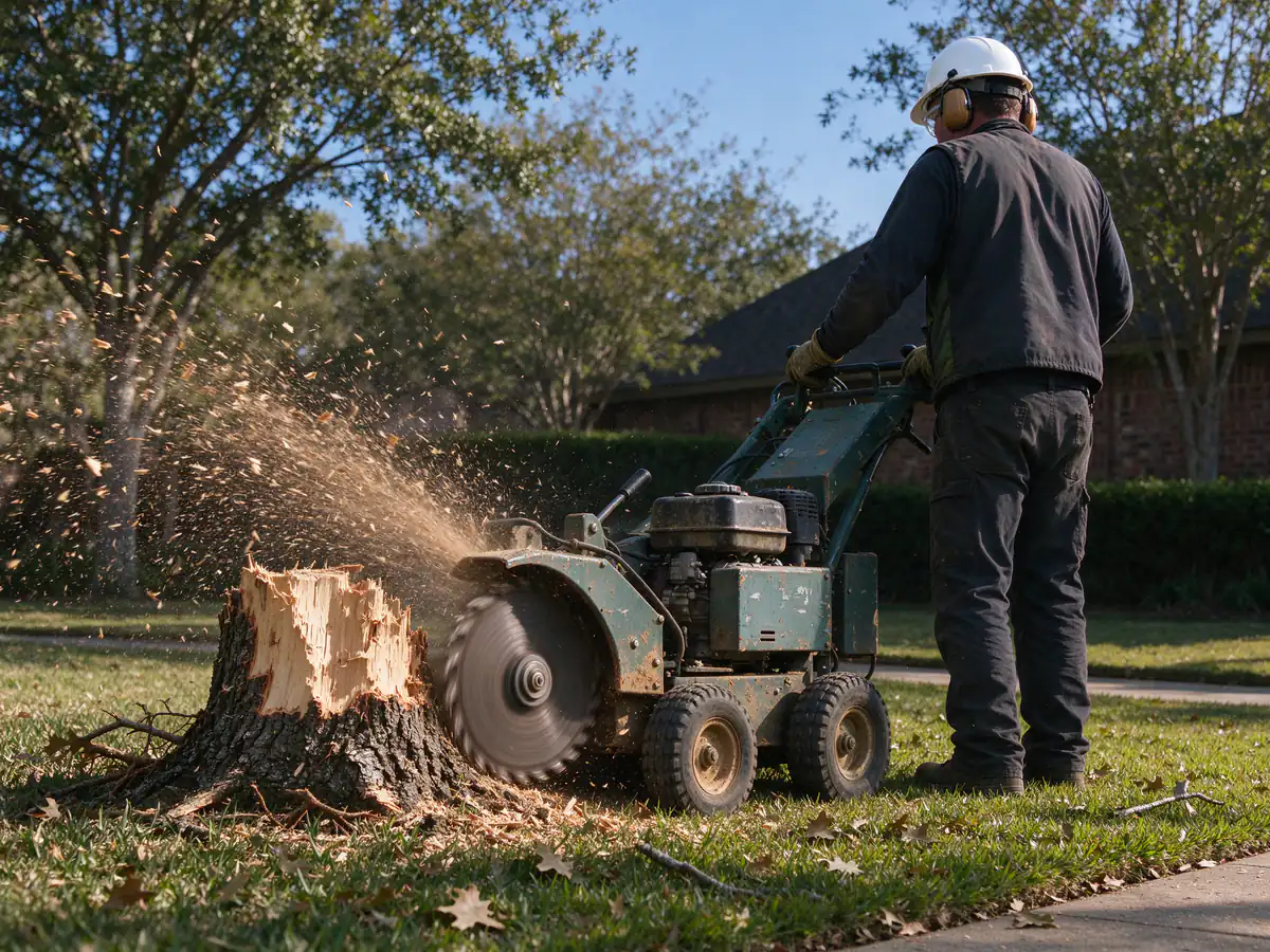 Stump grinder working an oak stump with the operator standing behind the machine