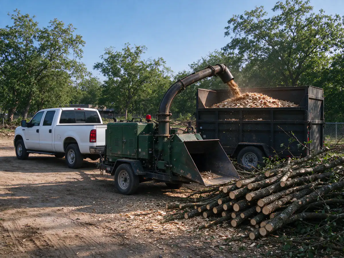 Towed chipper blowing chips through its chute into a covered trailer