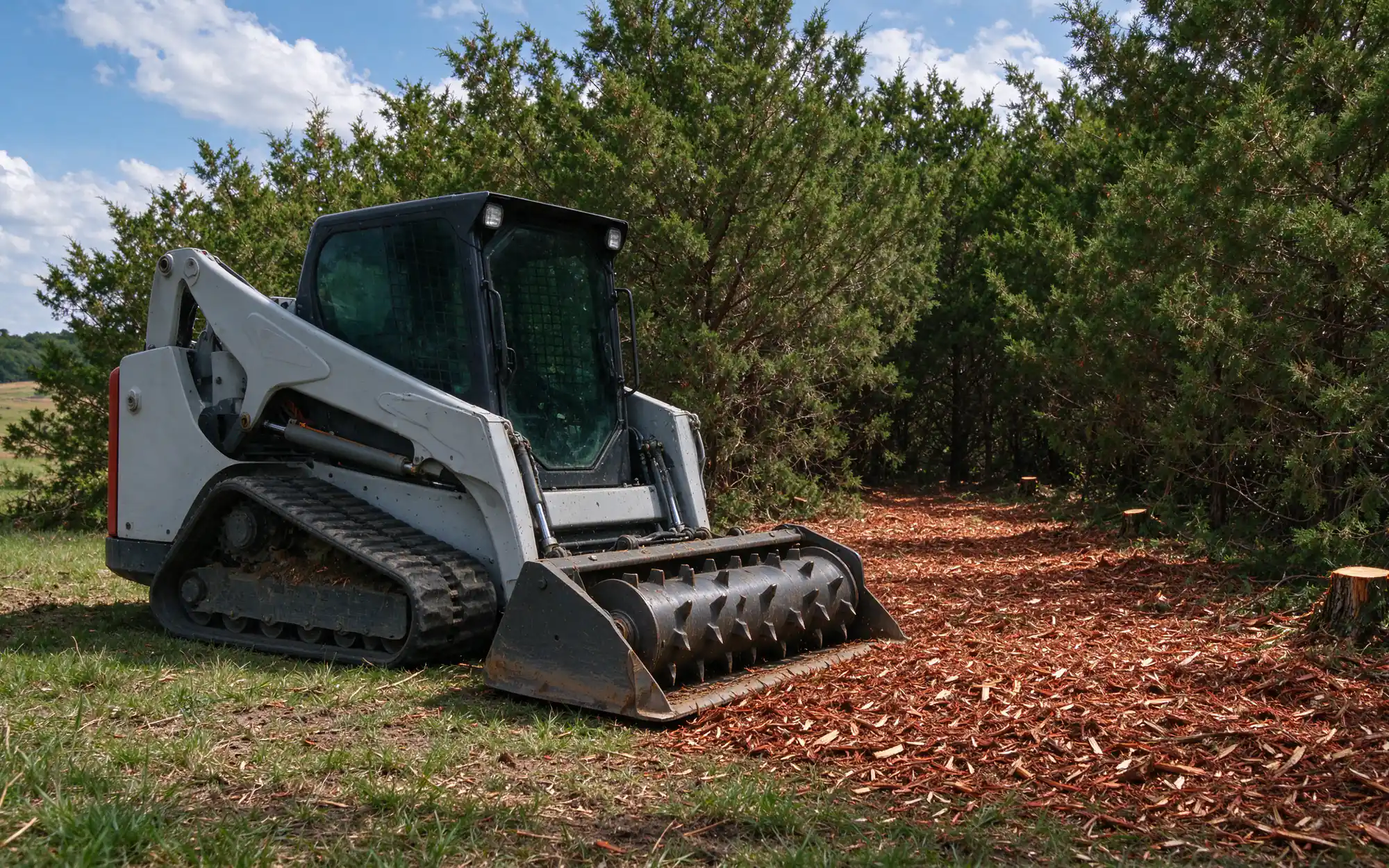 Tracked forestry mulcher parked at the edge of a cedar thicket in North Texas, with a freshly mulched strip of ground beside it covered in shredded wood and low stumps