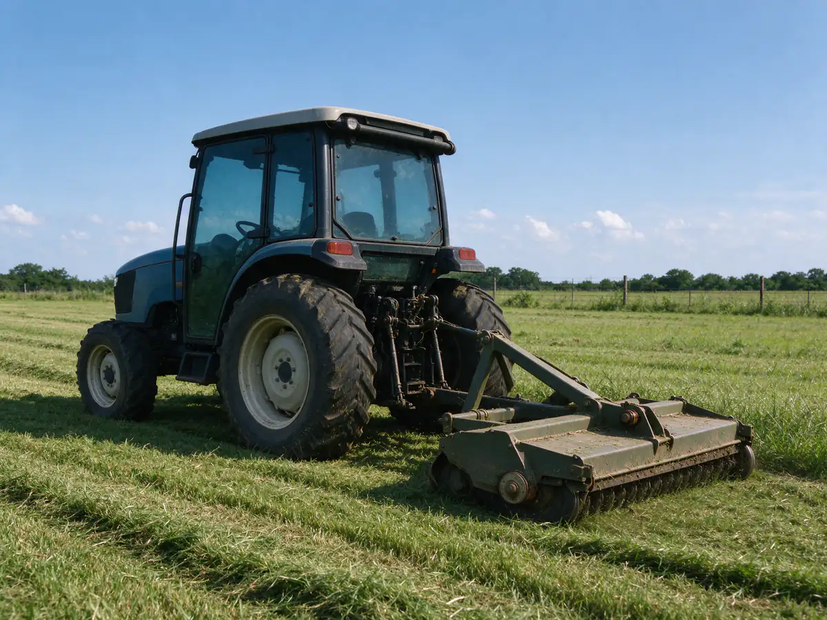 Tractor with a rotary cutter bush hogging a pasture after the brush is knocked back